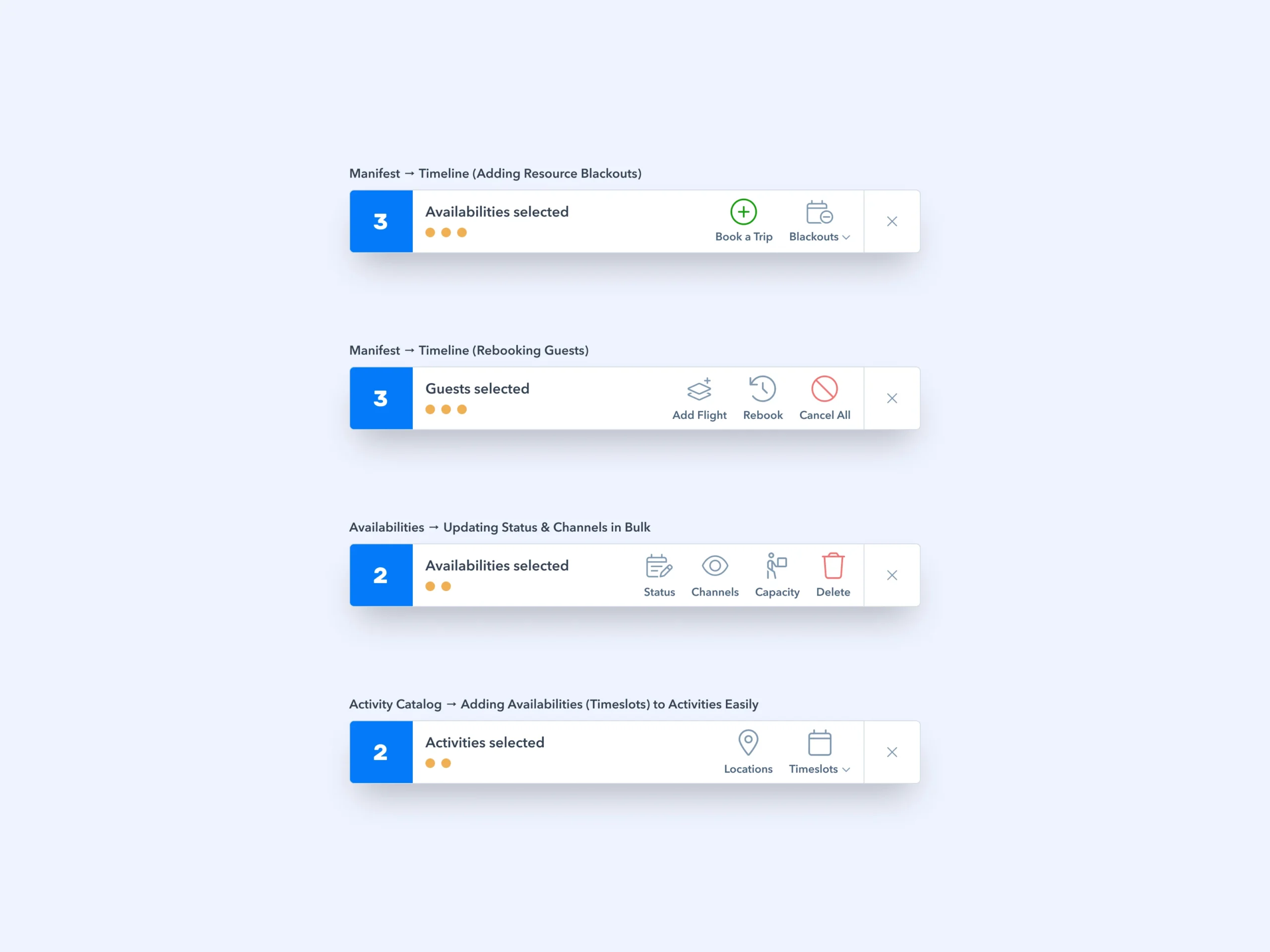 A set of TripWorks floating action bar patterns for booking, rebooking, status, and availability actions
