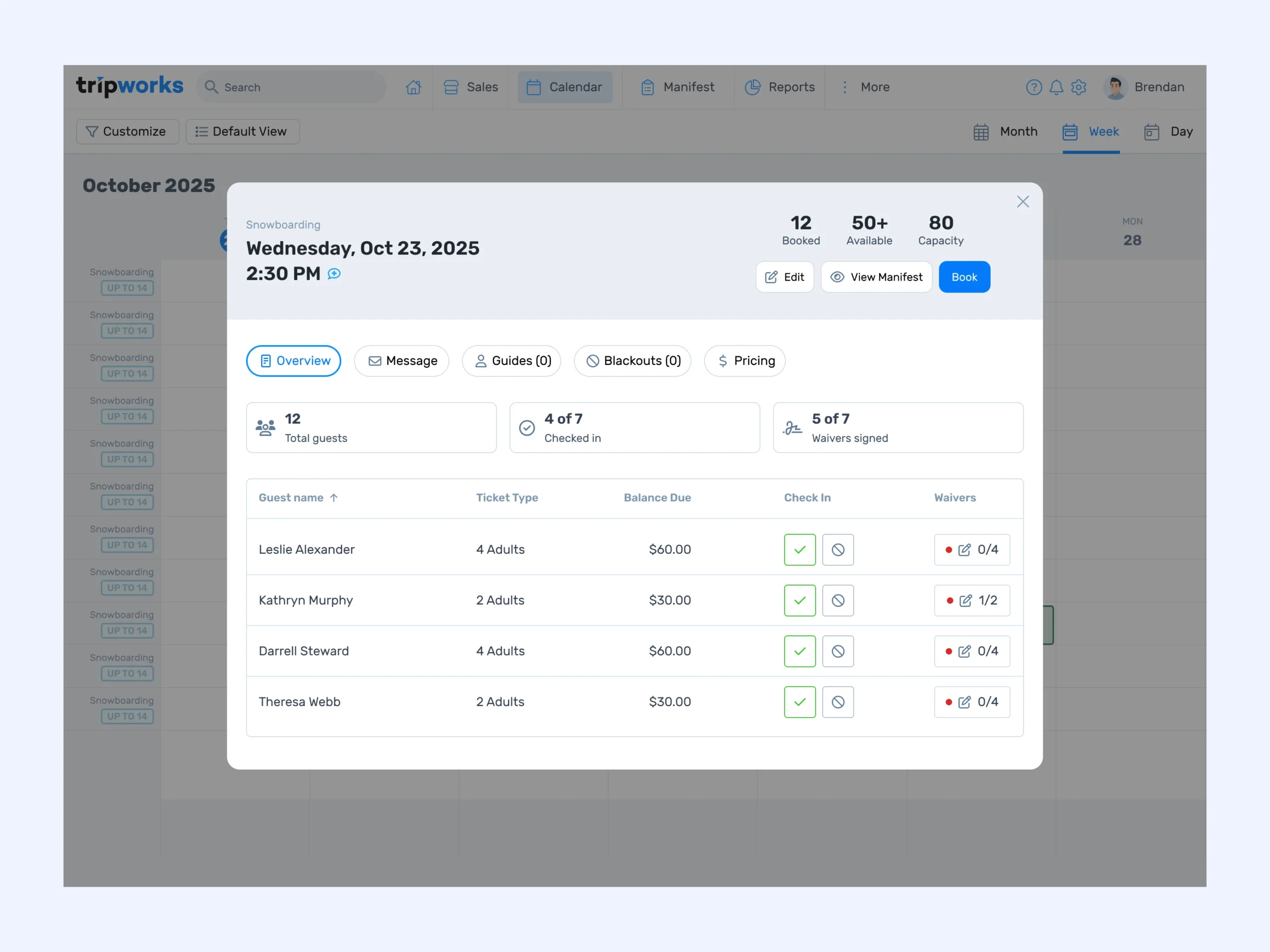 TripWorks tour management interface with booking, guide, waiver, and pricing controls