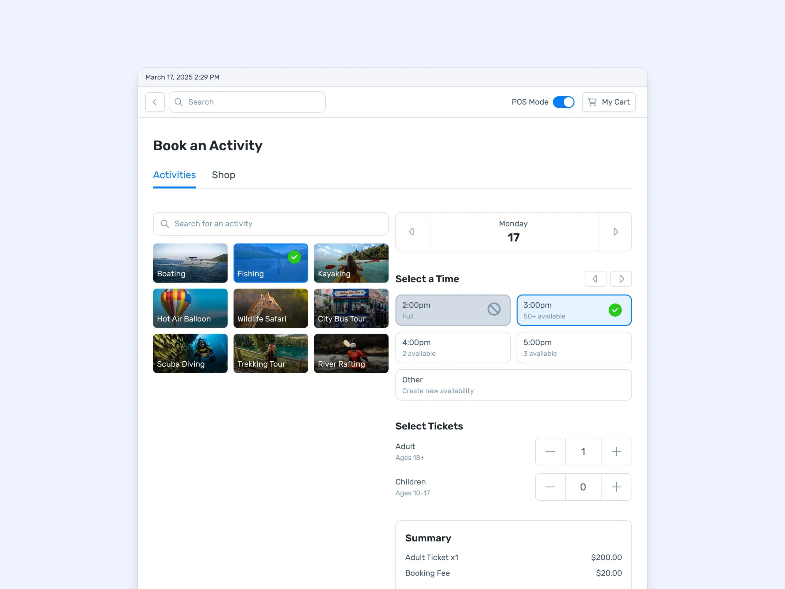 TripWorks point-of-sale flow for choosing an activity, time, and ticket quantities