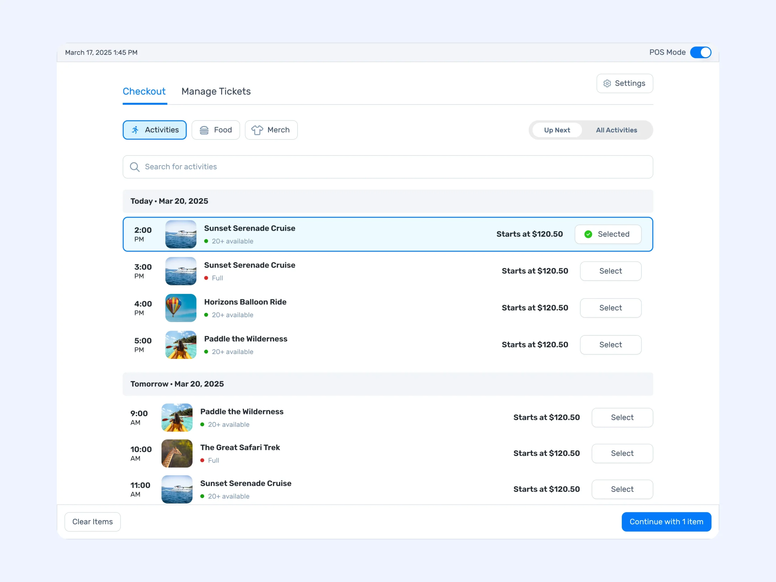 TripWorks express checkout activity list with availability, pricing, and selection controls