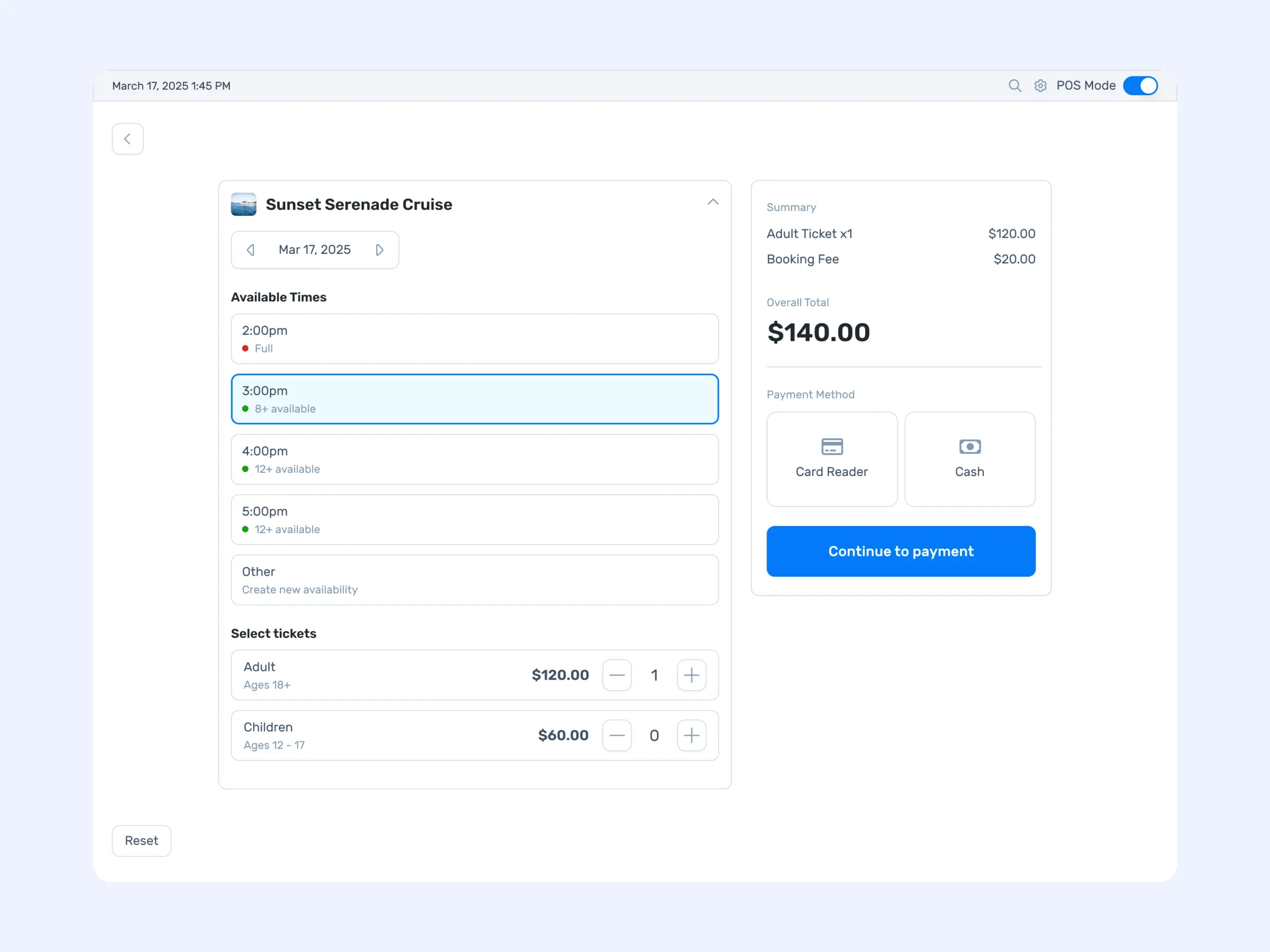 TripWorks express checkout screen with available times, ticket quantities, order summary, and payment methods