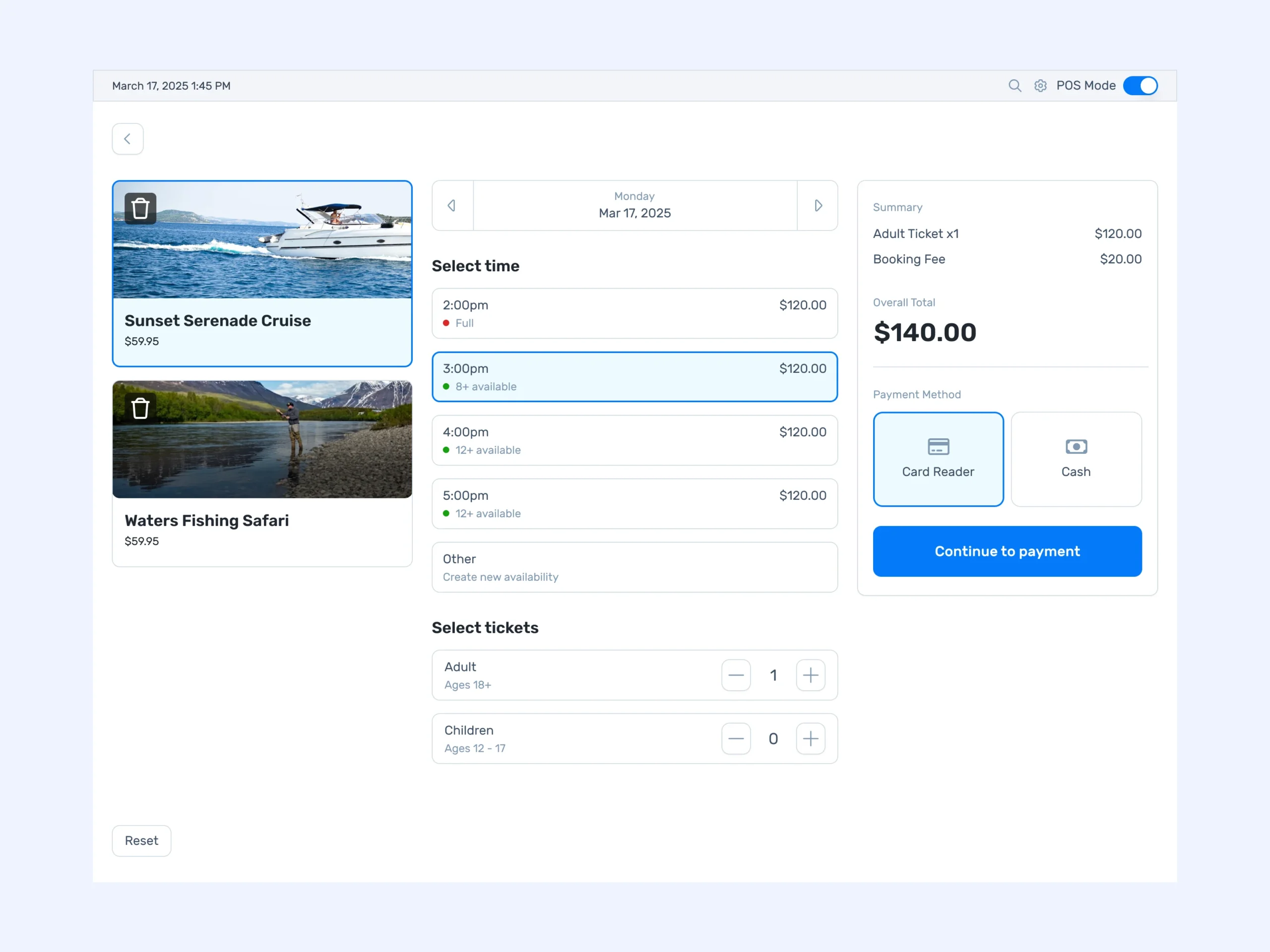 TripWorks express checkout screen comparing activities and choosing a card or cash payment