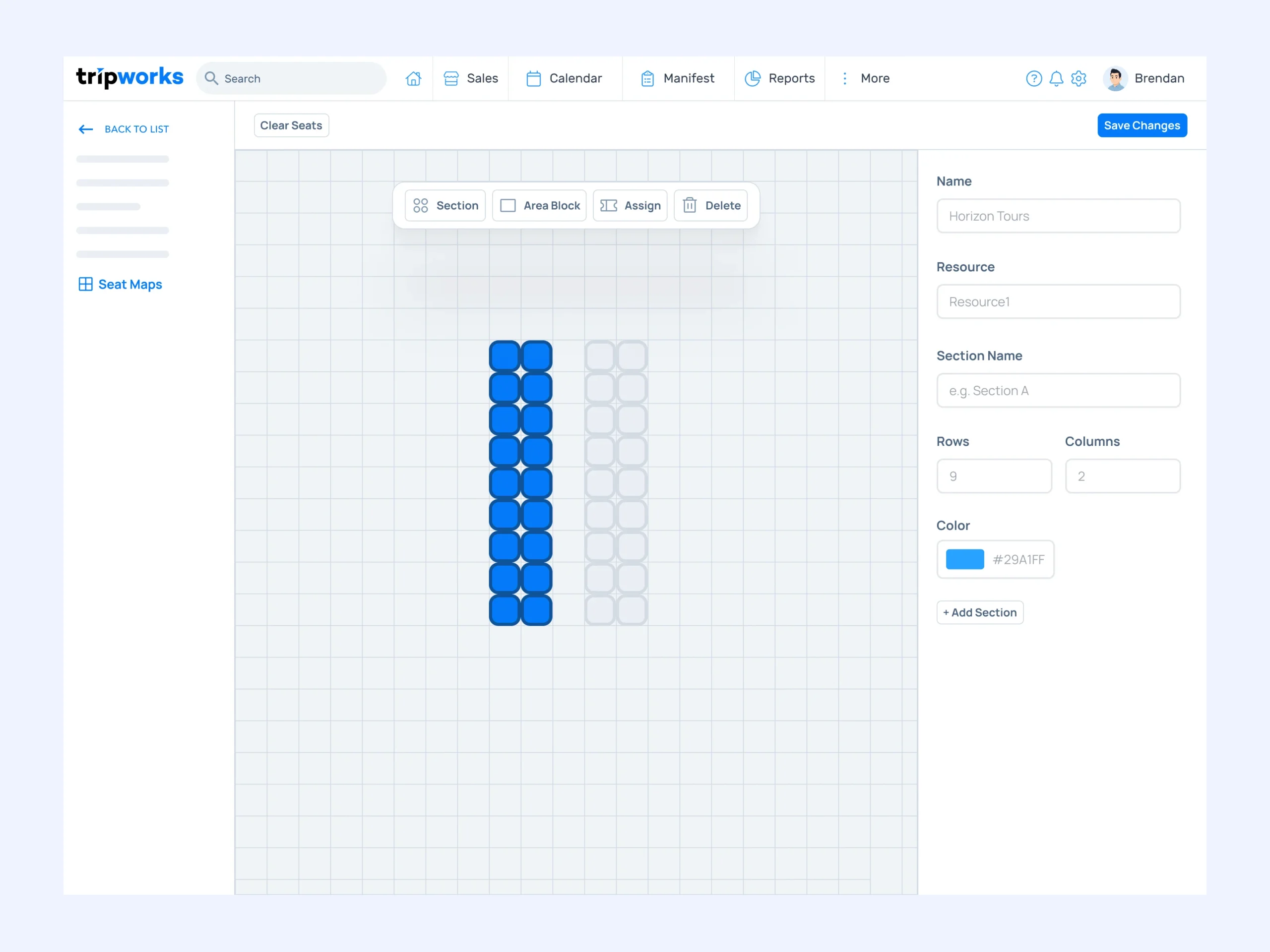 TripWorks seat map builder with a grid canvas, section controls, rows, columns, and color settings