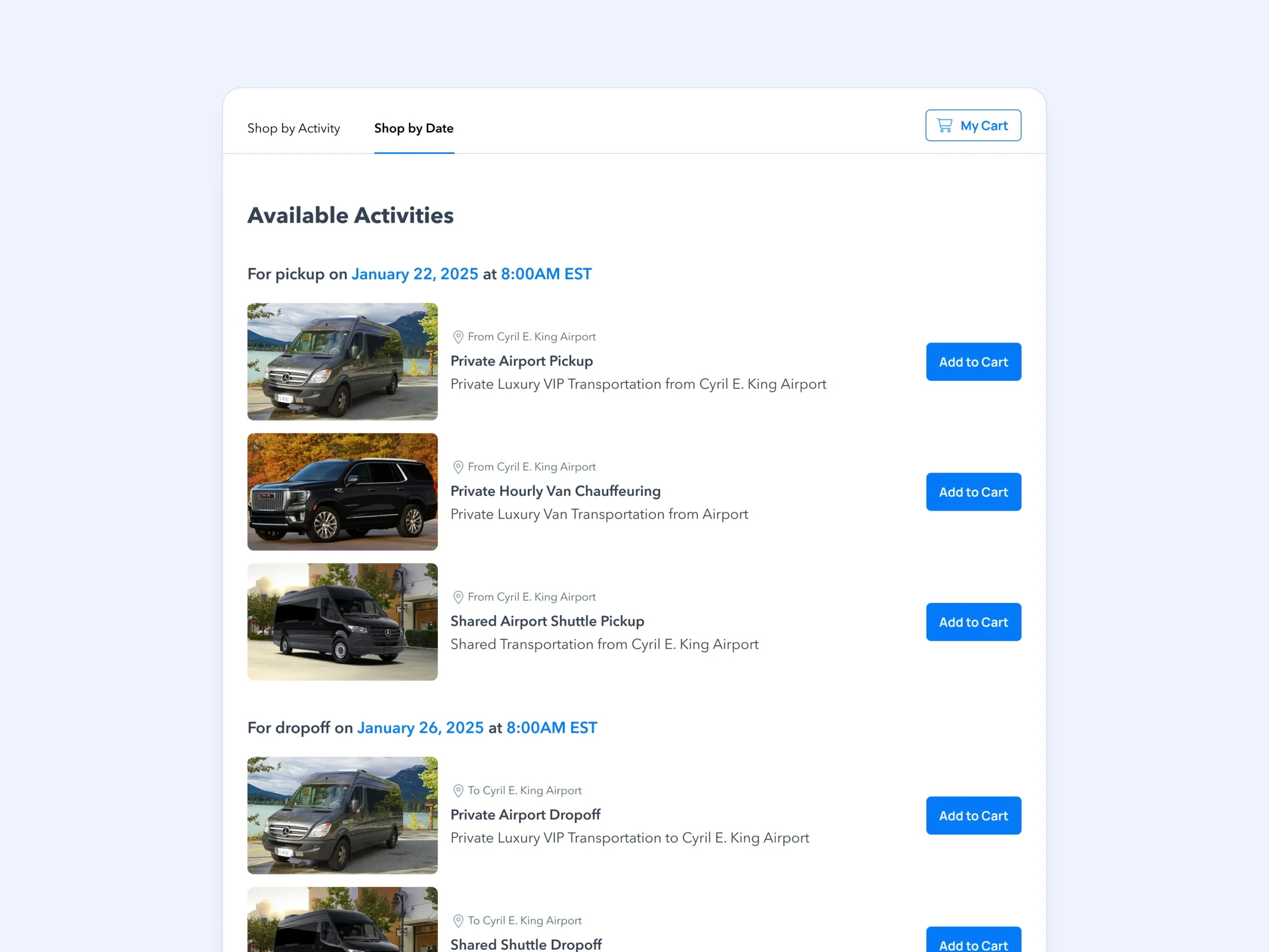 TripWorks pickup and drop-off selection screen with private and shared transportation options