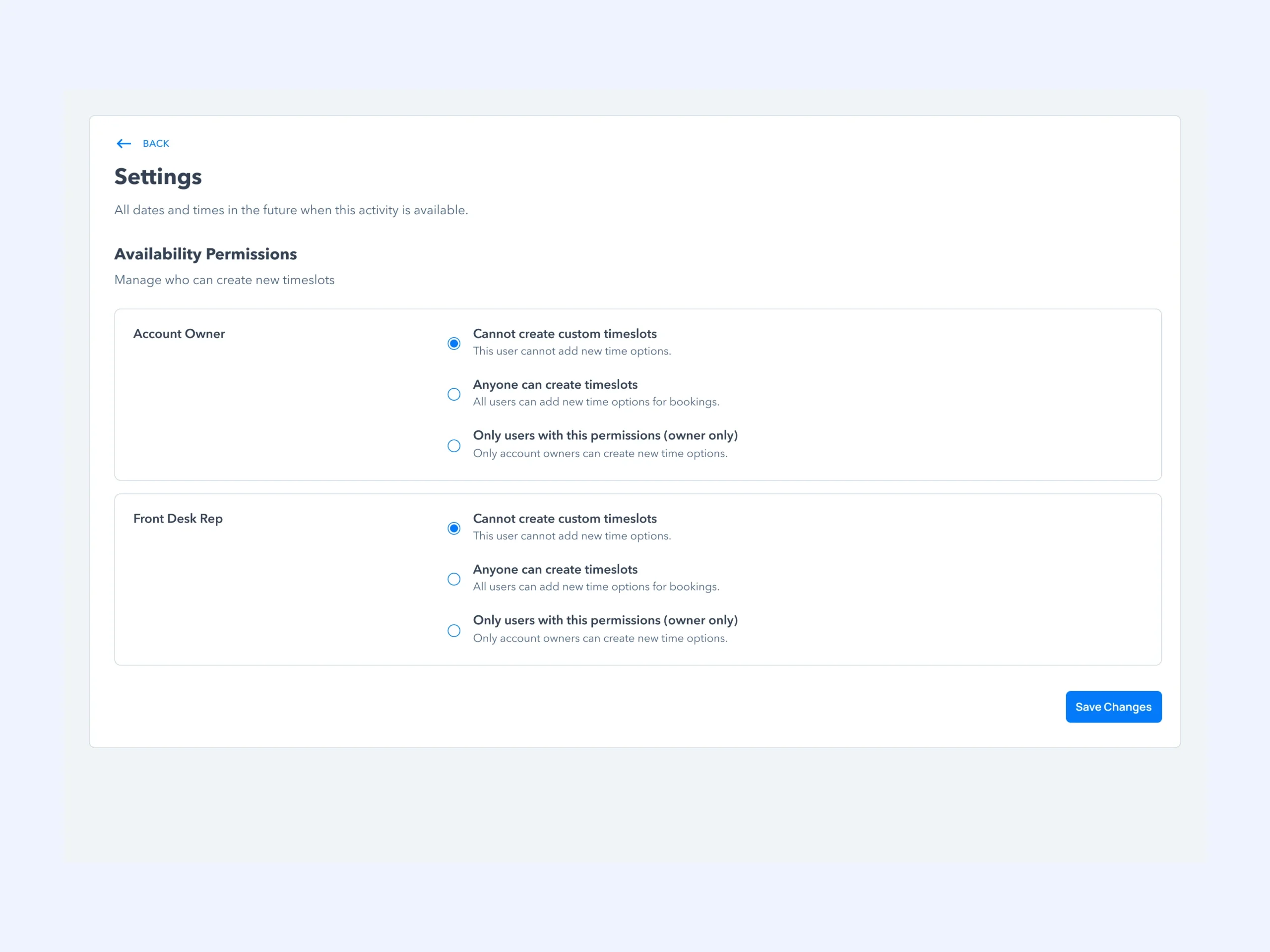 TripWorks availability permissions settings for account owners and front desk representatives