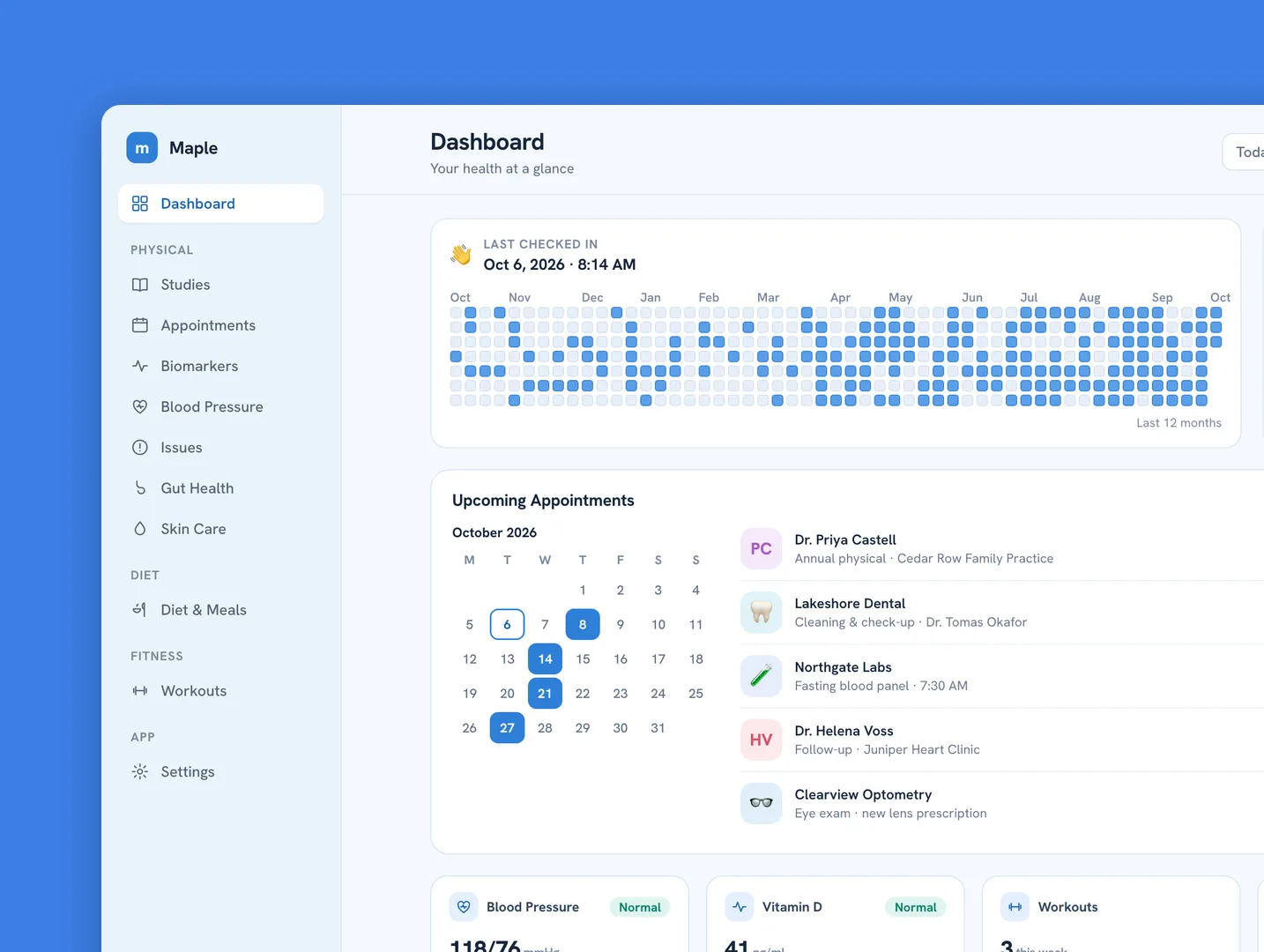 Maple desktop app dashboard with a check-in heatmap, upcoming appointments, and health stats