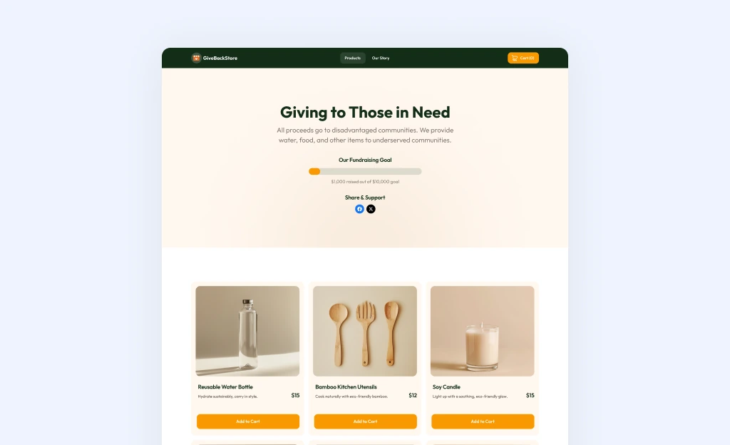 The GiveBackStore products page after the redesign, with a calming cream palette, updated hero typography, and a clear catalog hierarchy