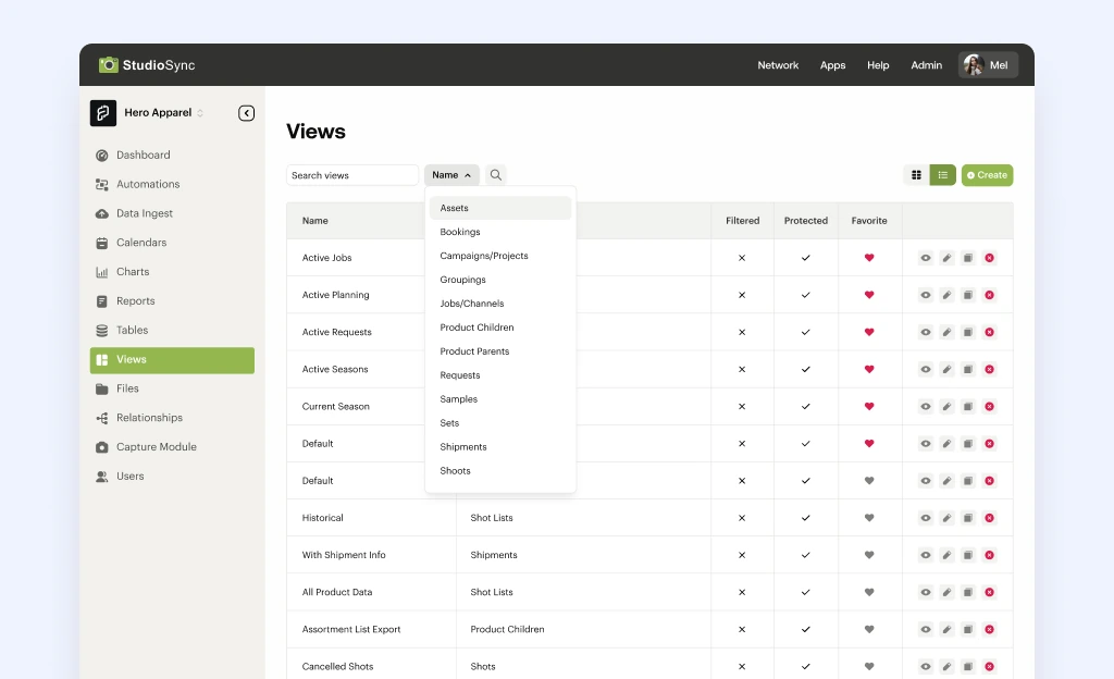 The StudioSync views table after the redesign, with breathing room, clear filters, and accessible row actions