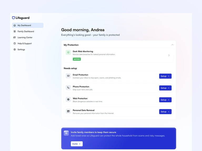 Family security dashboard UI mockup